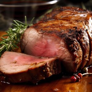 Arrosto succoso e tenero su un piatto, con contorni di verdure colorate.