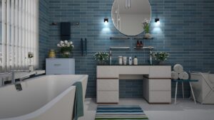 Bagno rinnovato con accessori moderni e colori freschi, senza ristrutturazione.